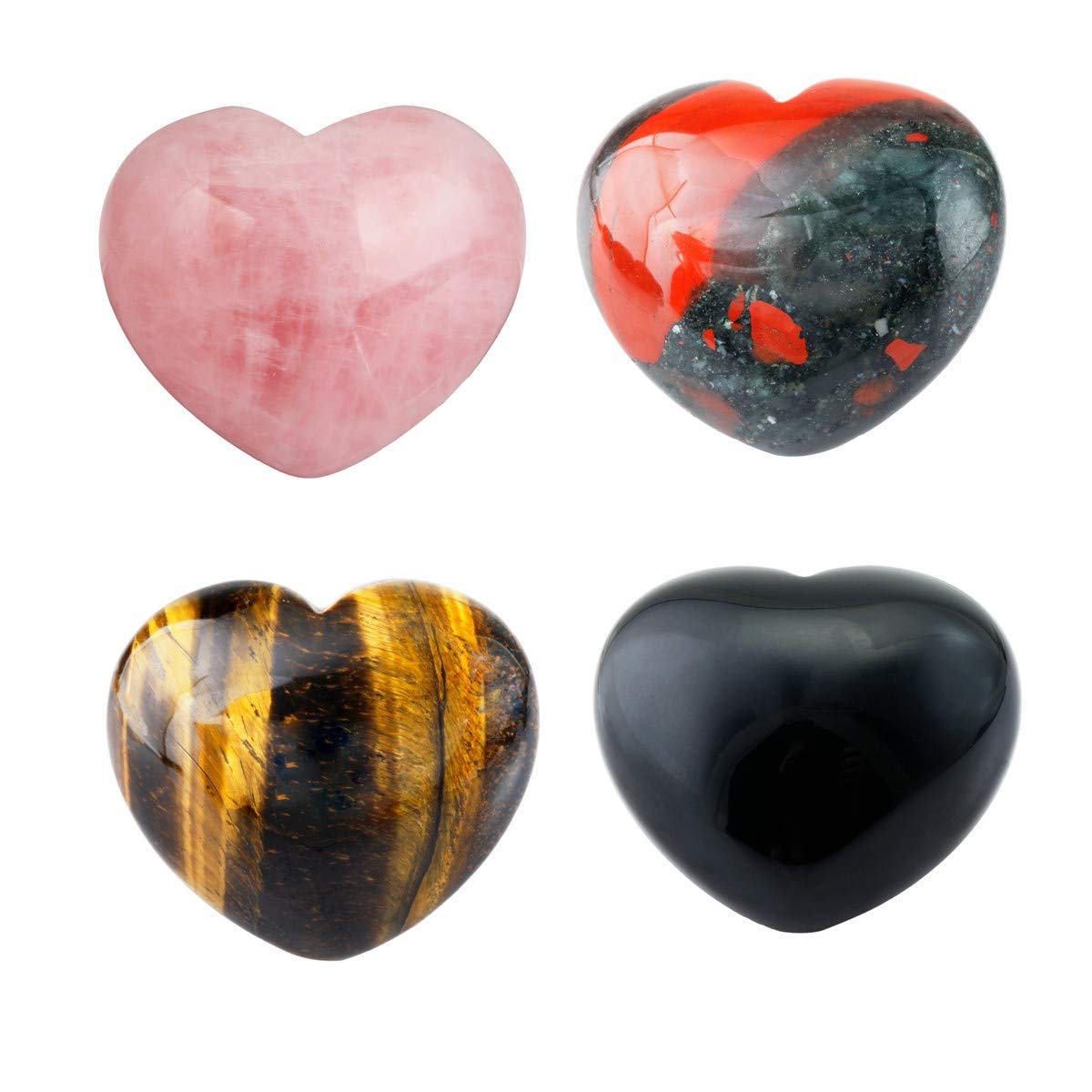 mookaitedecor 4pcs 45mm Natural Heart Shaped Crystal Palm Worry Stone, Healing Crystal Gift Set, Love Heart Quartz Crystal Pocket Tumblestone Chakra Decor, Rose Quartz/Obsidian/Tiger’s Eye/Bloodstone