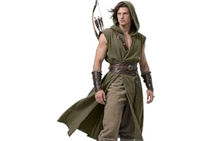L'VOW Men's Medieval Hooded Surcoat Renaissance Tabard Sleeveless Tunic Cloak Viking Costume Holloween Assassin Cosplay