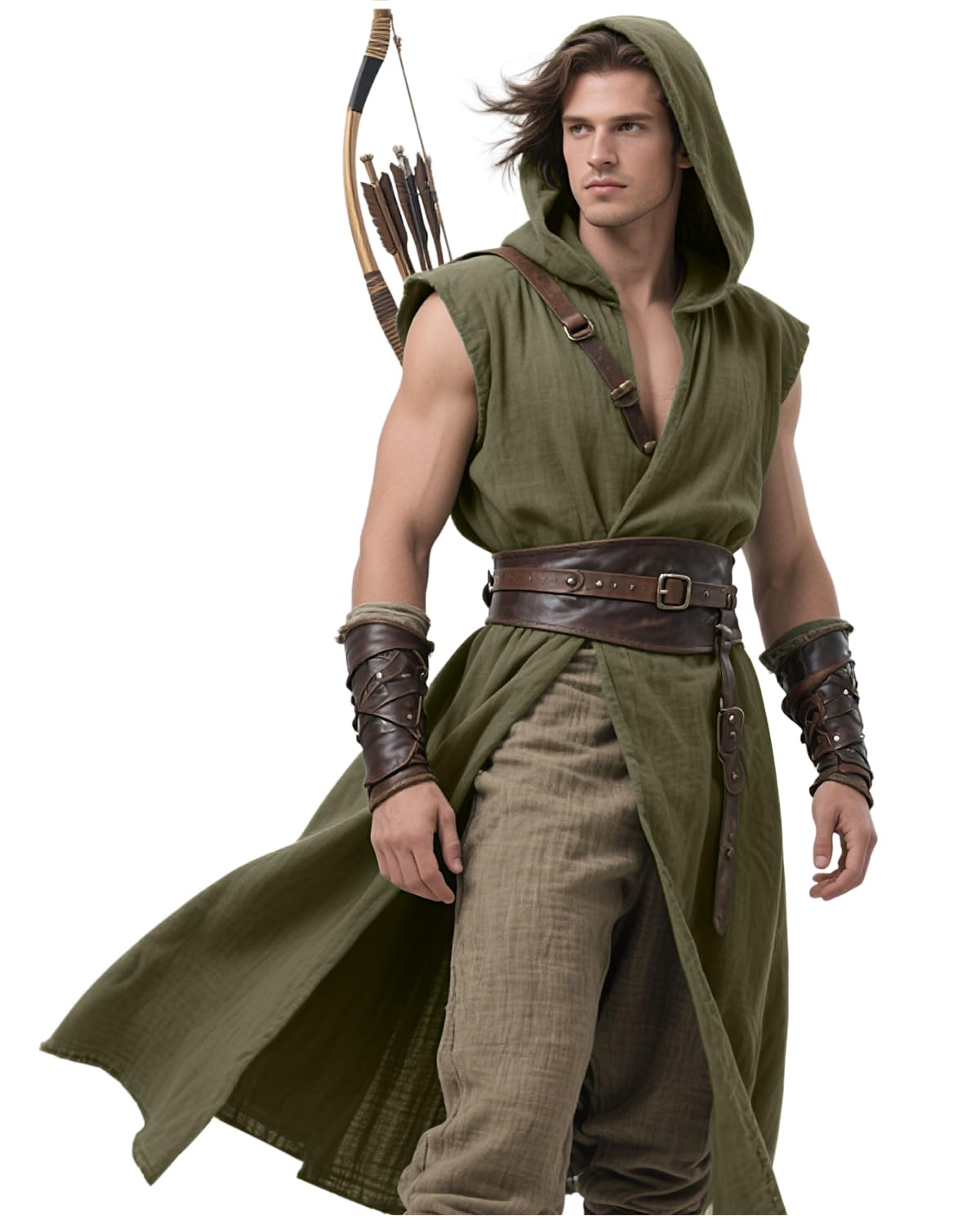 Photo 1 of L'VOW Renaissance Hooded Surcoat Men's Medieval Sleeveless Tabard Tunic Vest Ranger Cloak for Viking Costume LARP Halloween Fantasy Cosplay(Green,L)