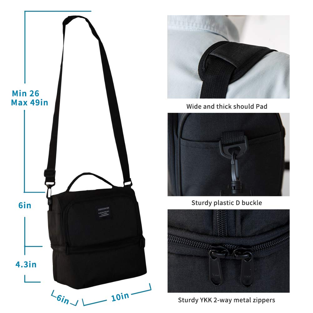 Lunch Bag Insulated Lunch Box, 2 Compartment Leakproof Cooler Tote Bag with Sturdy YKK Zippers for Men,Women,Kids, Thermal Lunch Food Bag for Office Picnic Travel School - Black