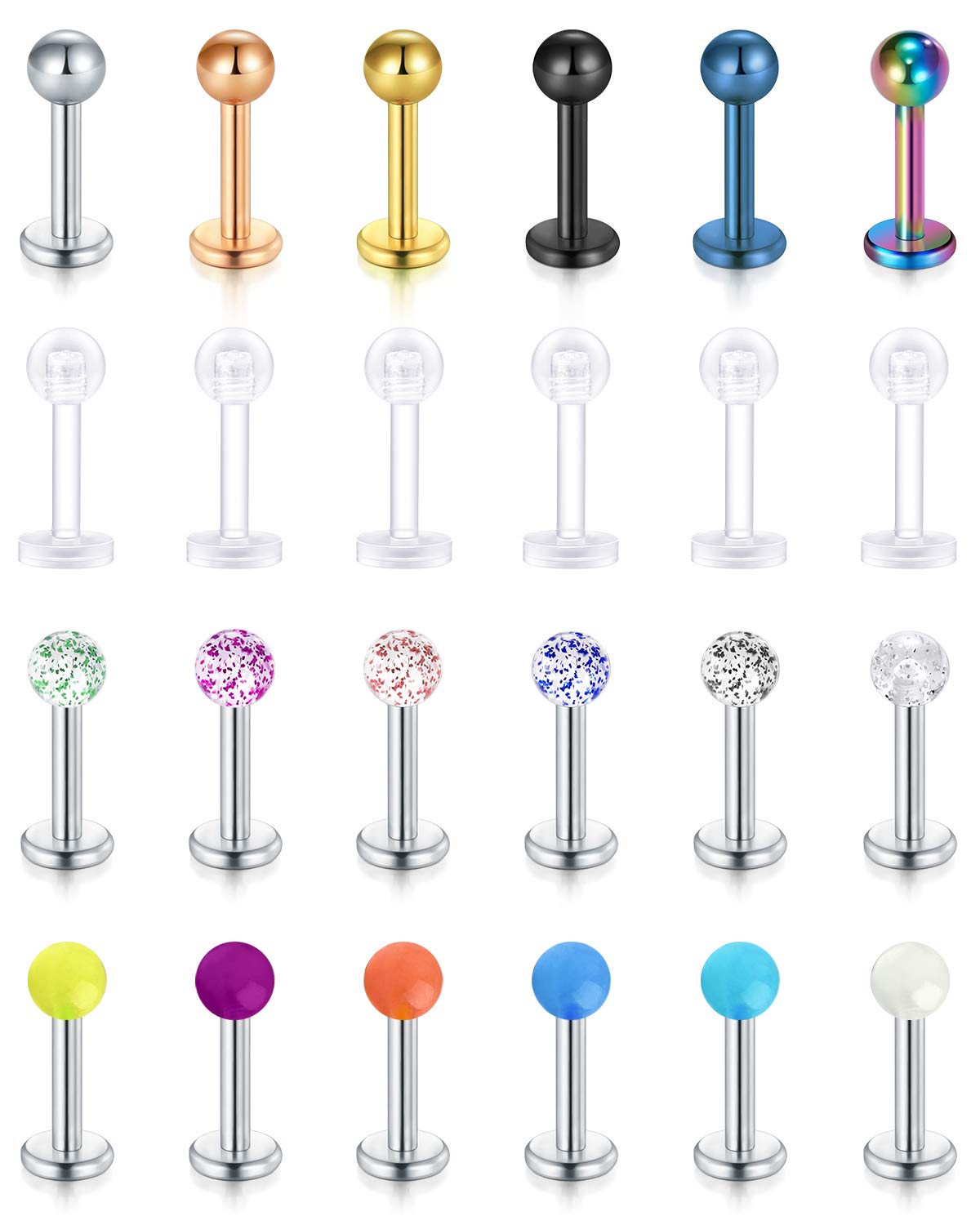 Rajnard 24Pcs Tragus Helix Earring Lip Stud 16G Surgical Steel Labret Studs Monroe Piercing Jewelry Cartilage Stud 6mm for Women Men