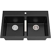 KRAUS Quarza 33-inch Drop-In/Undermount 50/50 Double Bowl Granite Kitchen Sink in Black Onyx, KGD-433B