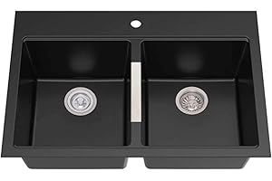 KRAUS Quarza 33-inch Drop-In/Undermount 50/50 Double Bowl Granite Kitchen Sink in Black Onyx, KGD-433B