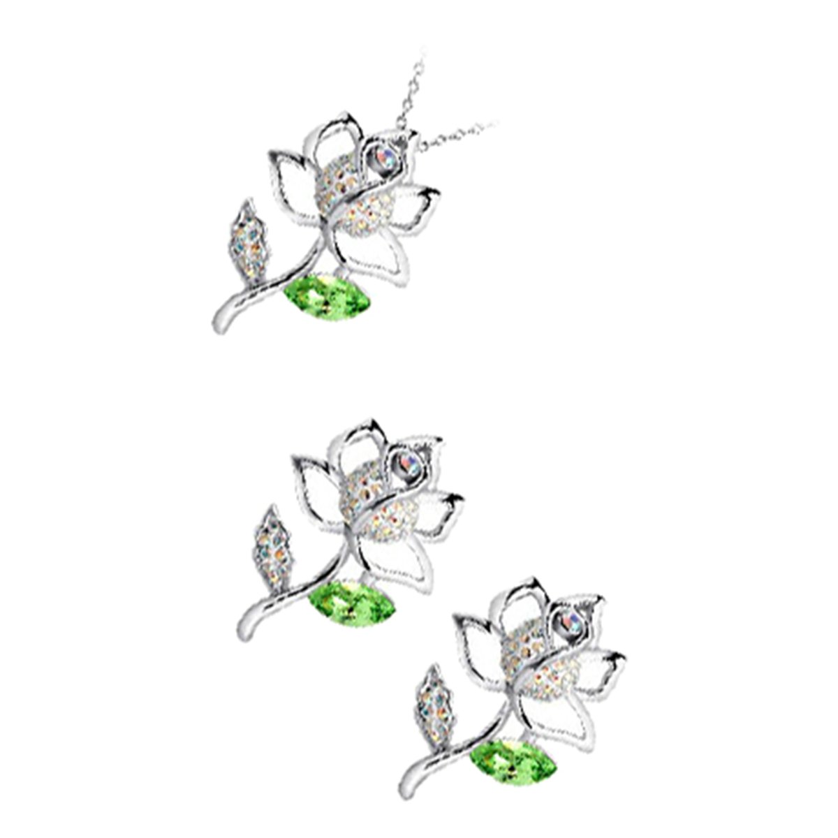 GWG Jewellery Set 925 Sterling Silver Coated Pendant Necklace and Earrings Rose Flower Embellished with Stones and Sparkling Olive Green Crystal Leaf in Gift Box for Women