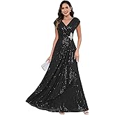 Ywwaaq Sequin Lace Mother of The Bride Dress Long A-Line Cap Sleeve V-Neck Ruched Ruffle Formal Dresses