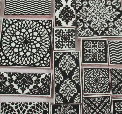Ceramic Mosaic Tiles - Black Cream Patchwork Damask Medallions Mosaic Tiles