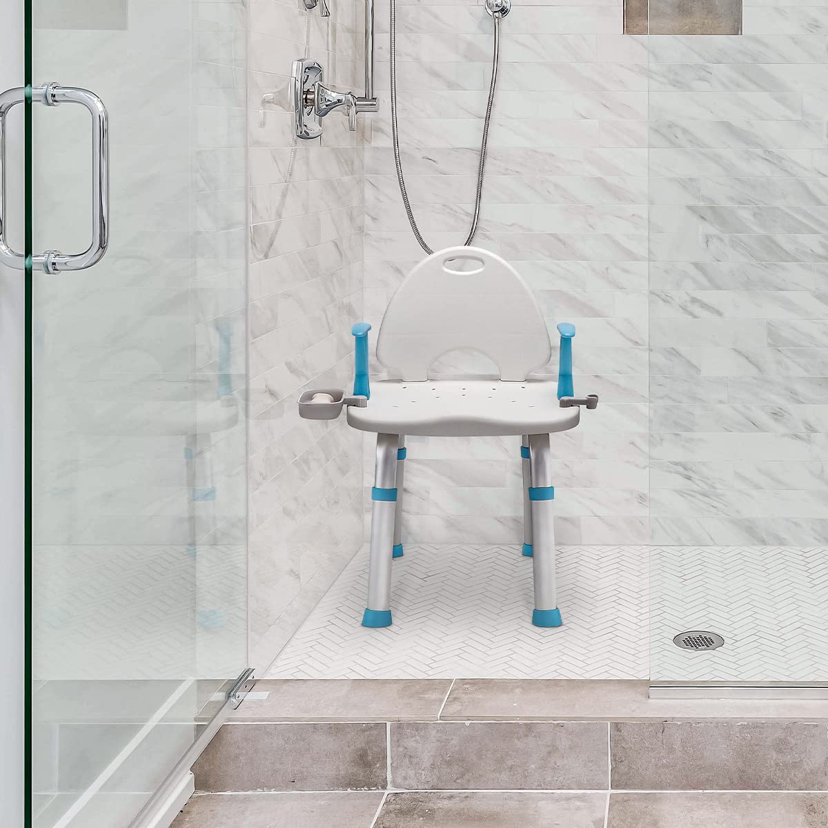 OasisSpace Shower Chair for Inside Shower - 450lbs Heavy Duty Bathroom Shower Chair with Back and Arms, Wide Seat Shower Stool with Handles, Adjustable Handicap Shower Seat for Senior and Disabled