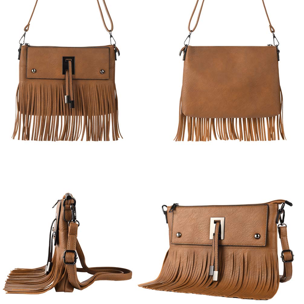 VBIGER Schultertasche Fransen Umhängetasche Damen Fransentasche PU leder für Frauen Kamelfarbe (Kamelfarbe)