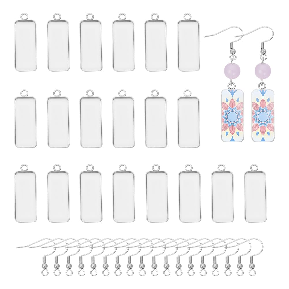 UNICRAFTALE 30 Sets 10x25mm Blank Rectangle Dangle Earring Hooks with Bezels Pendant Trays Stainless Steel Earrings for DIY Earring Jewelry Making