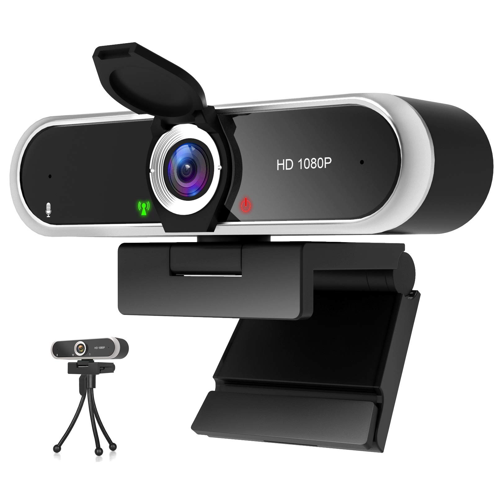 Webcam 1080P with Microphone and Webcam Cover, Tripod, Plug & Play with Automatic Light Correction for Laptop, PC, Desktop, Live Streaming, Video Call, Conference, Online Teaching, Game