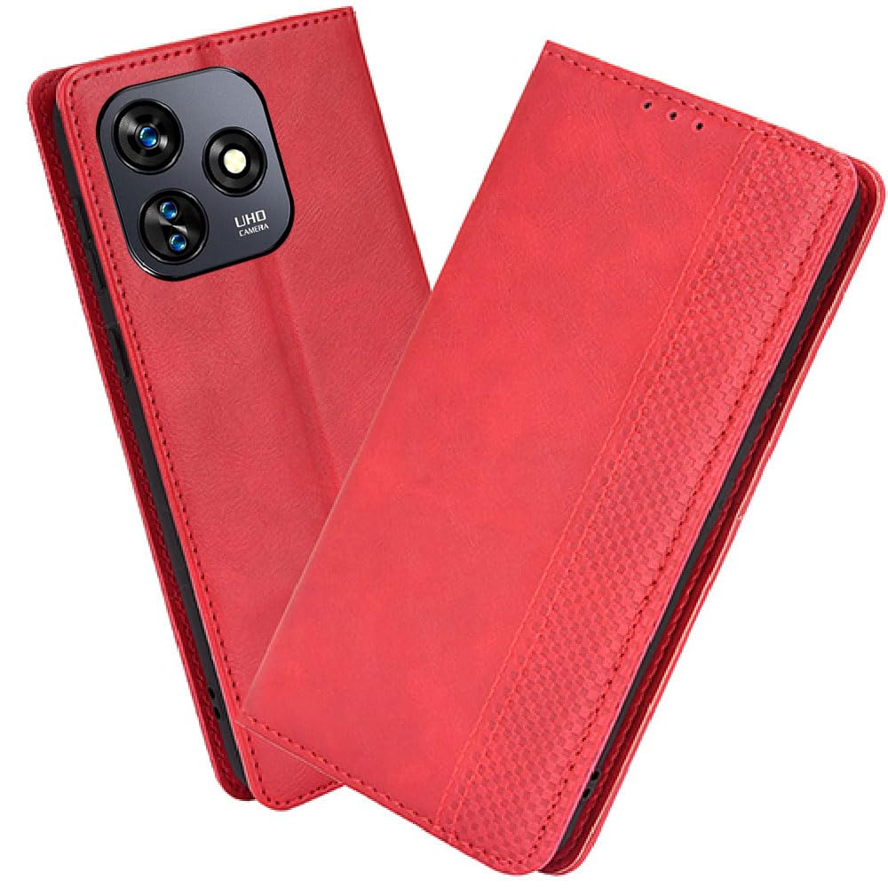 XINNI Protective Phone Case for Oukitel C51, PU/TPU Vintage Flip Leather Shockproof Cover Magnetic Book Style Wallet, Red