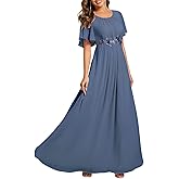 Ever-Pretty Women's Classic Round Neck Pleated Short Sleeves Chiffon Appliques Floor Length A Line Formal Evening Dresses