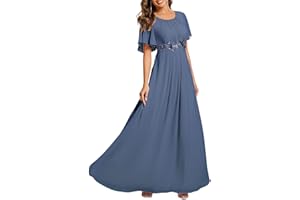 Ever-Pretty Women's Classic Round Neck Pleated Short Sleeves Chiffon Appliques Floor Length A Line Formal Evening Dresses