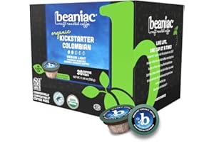 beaniac Organic Kickstarter Colombian, Medium Light Roast, Single Serve Compostable K Cup Coffee Pods, Organic Arabica Coffee, Keurig Brewer Compatible, 30 Count