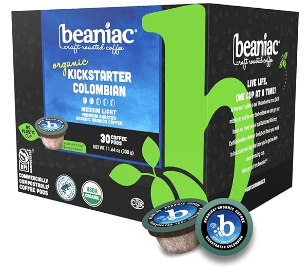 BEANIAC ORGANIC KICKSTARTER COLOMBIAN, MEDIUM LIGHT ROAST, SINGLE...