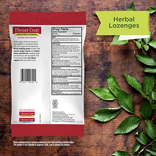 TRADITIONAL MEDICINALS ORGANIC, THROAT COAT LOZENGES, LEMON GINGER ECHINACEA – HERBAL COUGH DROPS, HELPS SOOTHE SORE THROAT – NON-GMO, STIMULANT-FREE – 16 COUNT