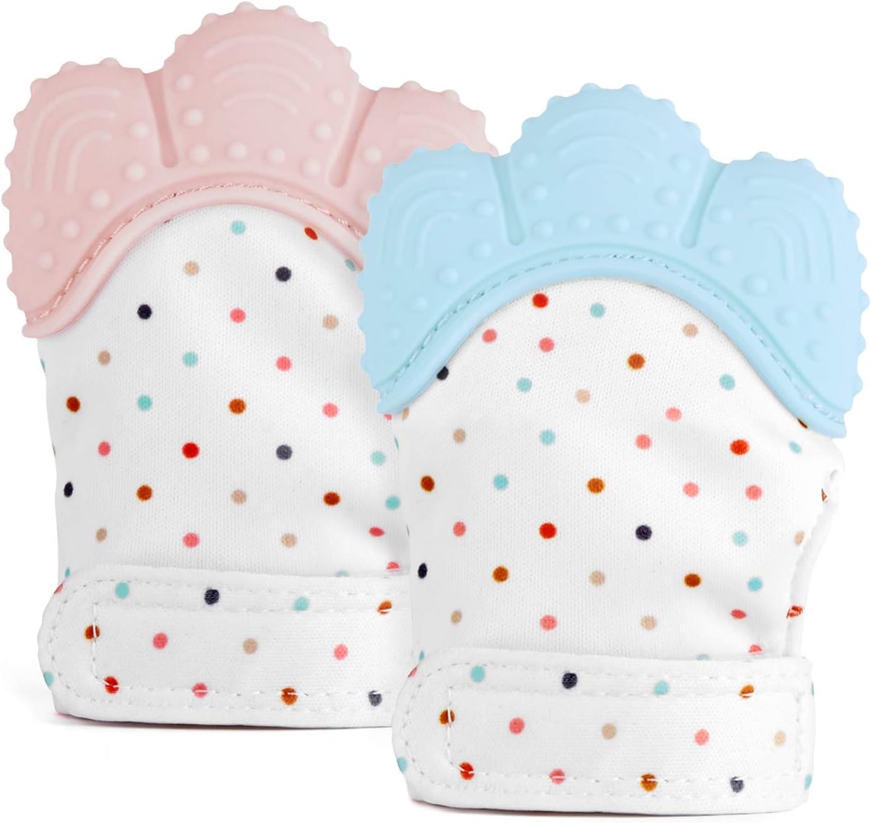 Zooawa Baby Teething Mitten, [2 Pack] Soft Food-Grade Silicone Teether Mitten Glove Handy Teething Mit Toy for Self-Soothing, BPA-Free, for 3–18 Months Infants, Quartz Pink + Light Blue