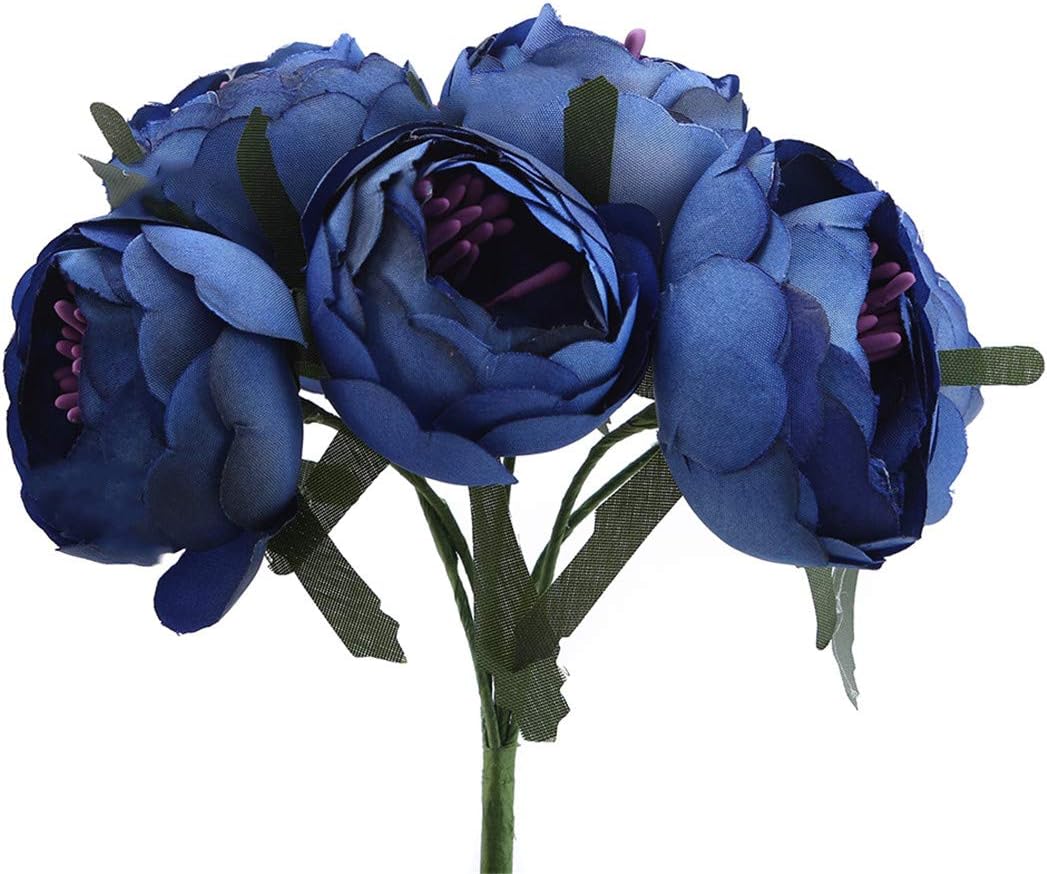 6 Pcs Retro Style Artificial Peony Silk Flowers Bouquet Home Wedding Decoration(Navy Blue)