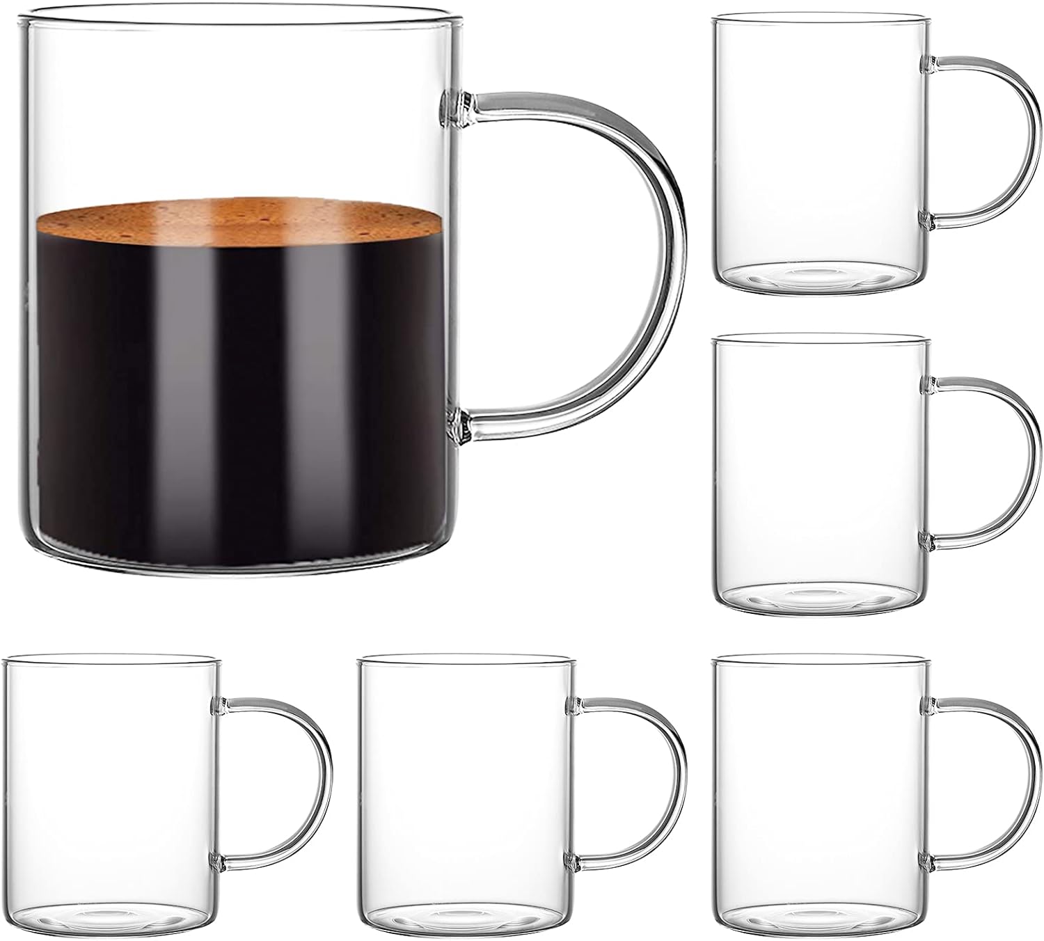 Glass Coffee Mugs Set of 6, Aoeoe 15 oz Large Coffee Mug, Wide Mouth Glass Mugs, Mocha Hot Beverage Mugs, Clear Espresso Cups with Handle, Glass Cup for Hot or Cold Latte, Cappuccino, Tea, Juice, Beer