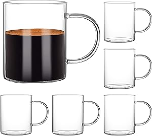 Glass Coffee Mugs Set of 6, Aoeoe 15 oz Large Coffee Mug, Wide Mouth Glass Mugs, Mocha Hot Beverage Mugs, Clear Espresso Cups with Handle, Glass Cup for Hot or Cold Latte, Cappuccino, Tea, Juice, Beer