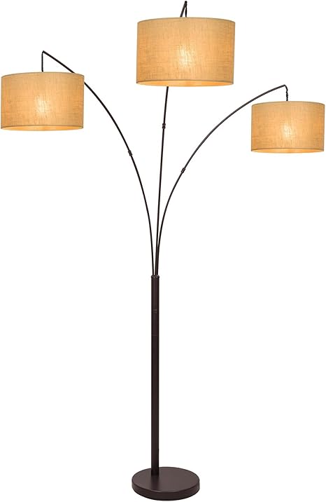 Revel Akira 80 Modern 3 Light Arc Floor Lamp With 3 Way Switch Beige Burlap Drum Shades Antique Bronze Finish