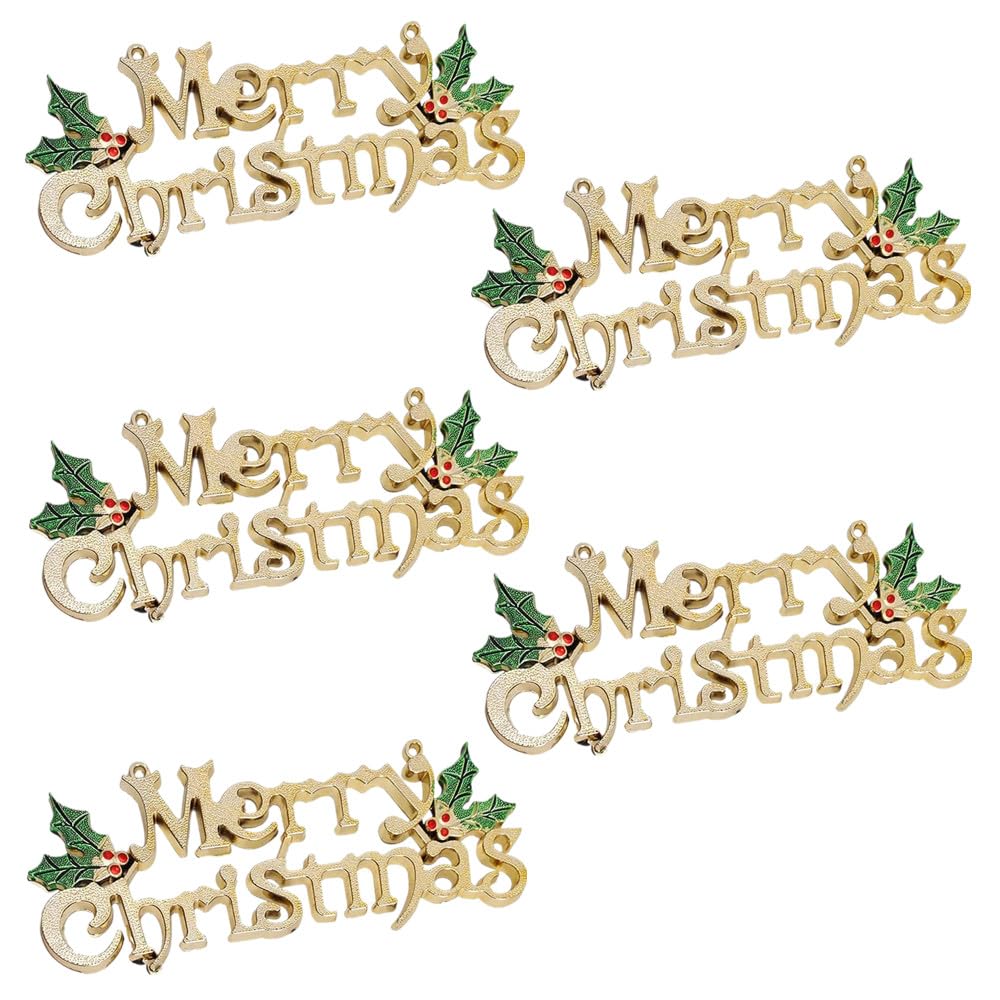 FARBEIR 5 PCS Gold Merry Christmas Hanging Sign - Glittery Ornaments for Tree, Wreath, Wall, Doors and Windows - Holiday Decorations Accessories (Gold)