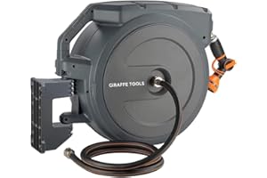 Giraffe Tools Hose Reel 5/8 inch x 90 ftMetal Bracket Heavy Duty, Any Length Lock, Slow Return Retractable System