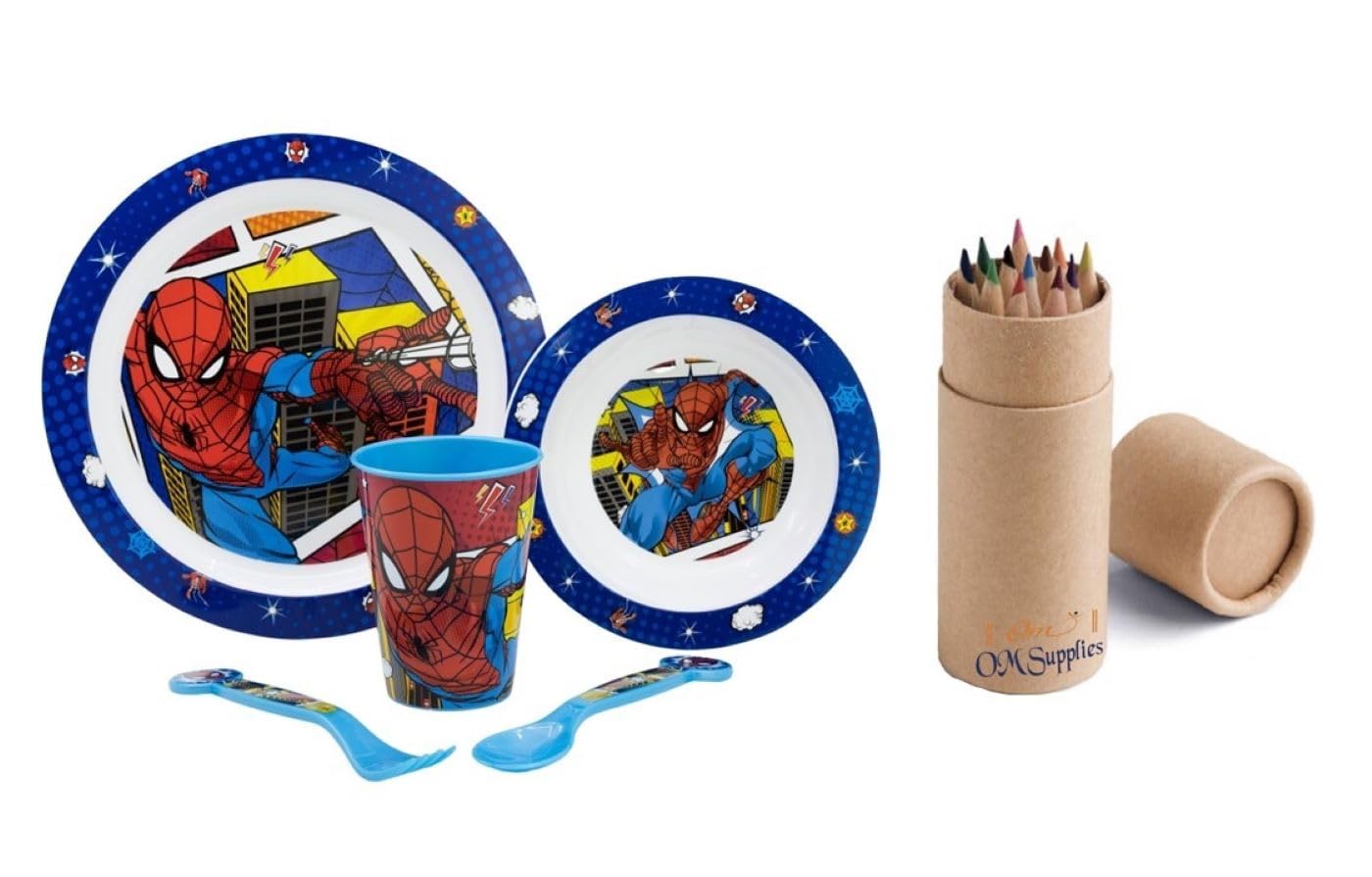 Spiderman Cartoon Character Dinner Tableware Set 5pcs Plate, Bowl, Cup & Cutlery, BPA Free re-usable Plastic Microwave Safe Includes Half Size 12pcs Pencil Set (Spiderman)