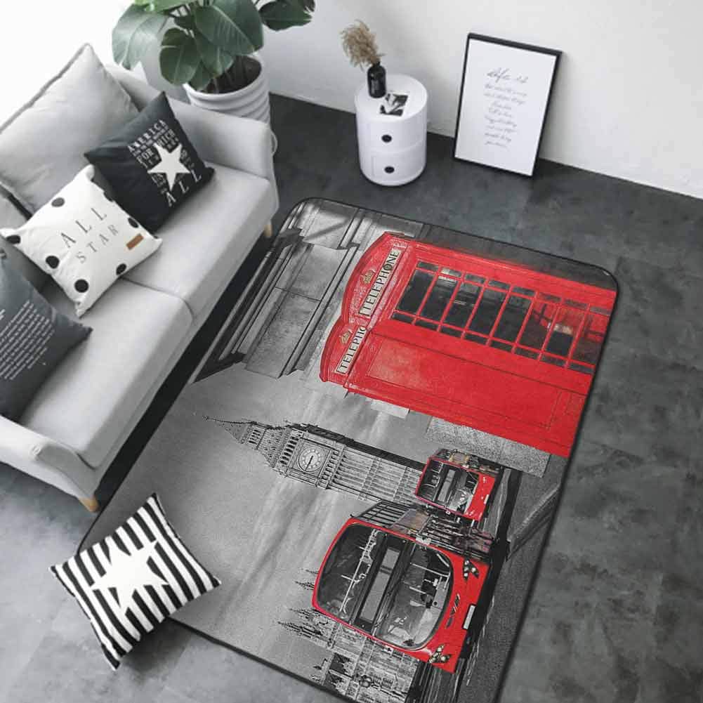 Floor Mat Kitchen Long Carpet London,London Telephone Booth in The Street Traditional Local Cultural Icon England UK Retro, Red Grey 80 x 58 in Office Floor mats