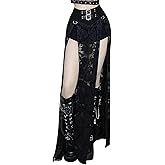 win2win Women Goth Split Lace Sheer Mesh Long Maxi Skirt - Punk Floral See Through Grunge Style Dance Club