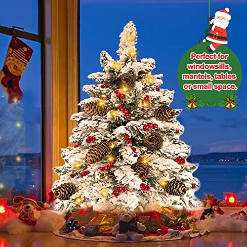 TURNMEON 26" Tabletop Christmas Tree with 60 Lights Timer, Snow Flocked
