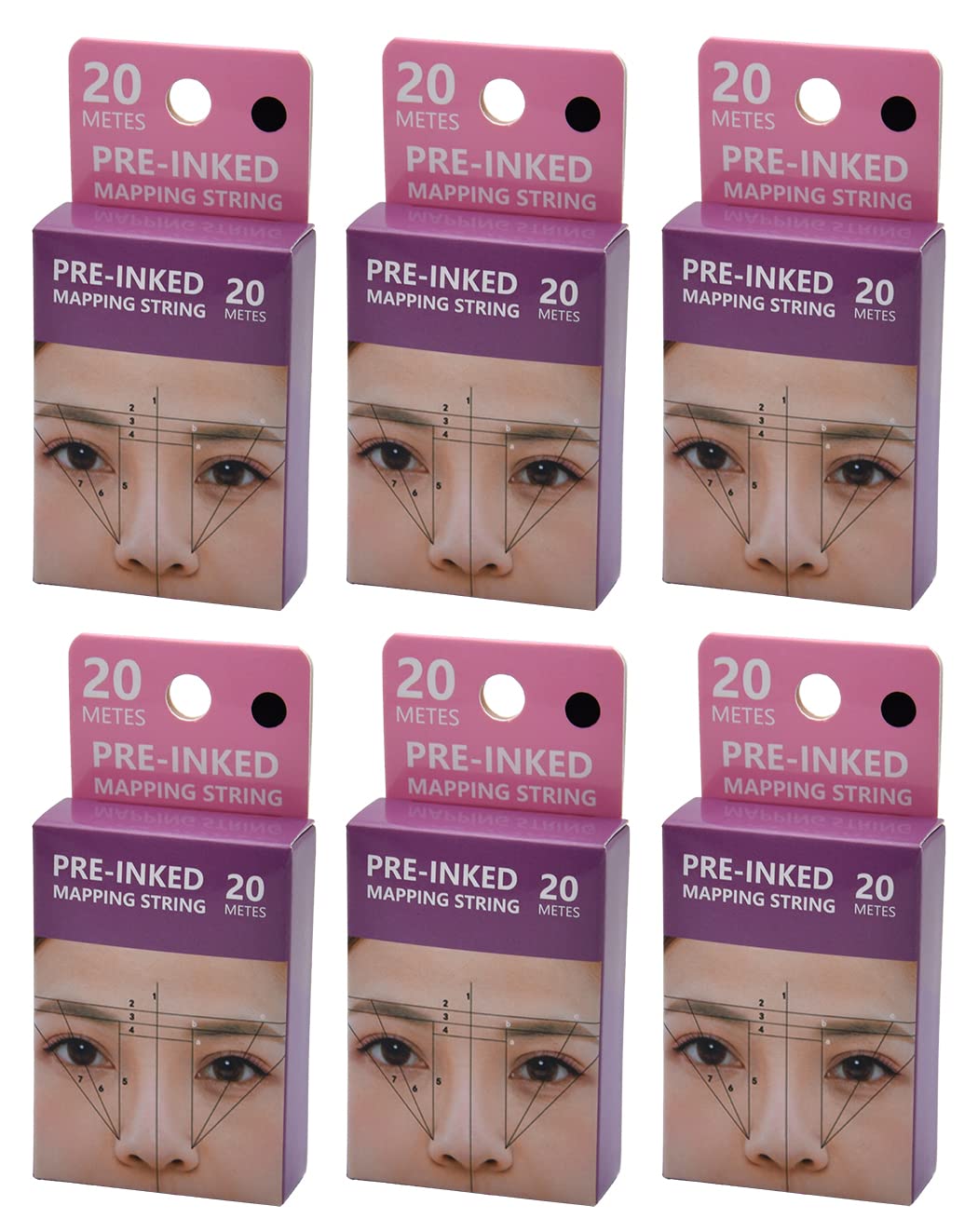 XIAOYU 20M Pre-Inked Mapping String, Eyebrow Mapping Thread, Measuring Tool for Marking Symmetrical Eyebrows, Pack of 6, Black Ink