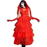 JQAKFIY Lydia Costume Women Red Wedding Dress Deetz Bride 80s Halloween Cosplay Gothic Outfit with Veil Gloves