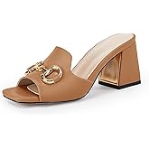 gihubafuil Women's Sandals Peep Toe Slides Chunky Heel Mules Single Band Comfort Slip-on Shoes with Metal Chain for Spring Summer