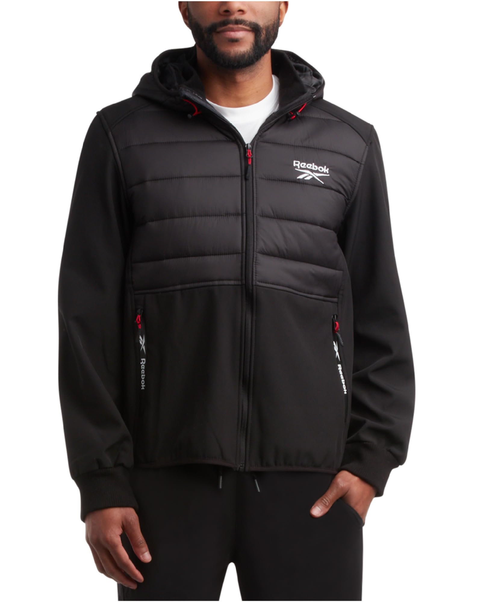 Photo 1 of Reebok Men's Softshell Jacket - Lightweight Hooded Weather Resistant Jacket for Men with Nylon Quilted Chest (S-XXL), Size Large, Black/Black