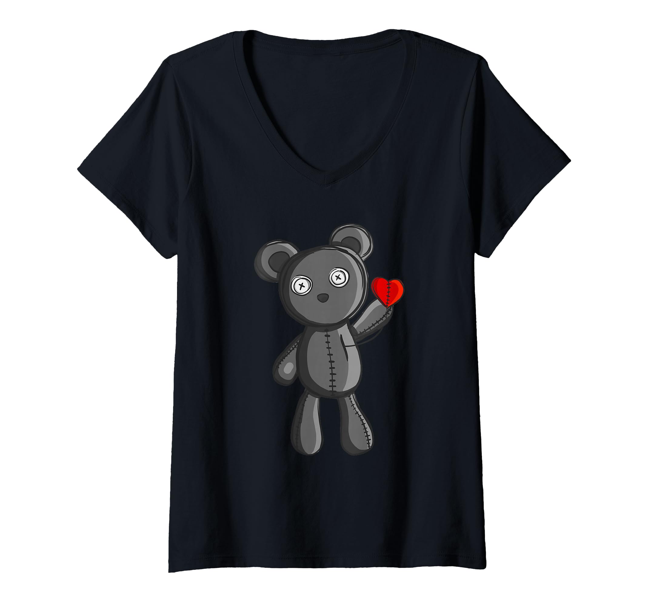 Womens Sweet Little Emo Gothic Teddy Bear with Small Heart Gift V-Neck T-Shirt
