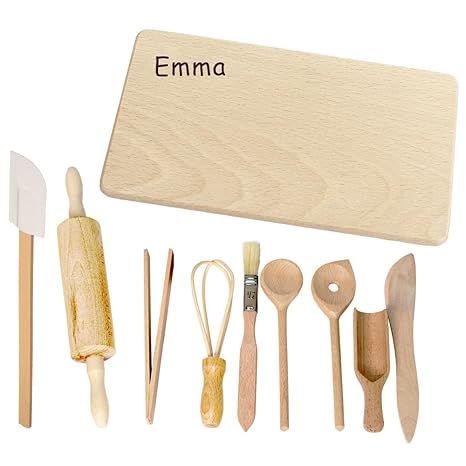 Personalisiertes Kinder Backset mit individueller Namensgravur - Robustes Spielzeug aus Holz mit Namen des Kindes - zum Backe