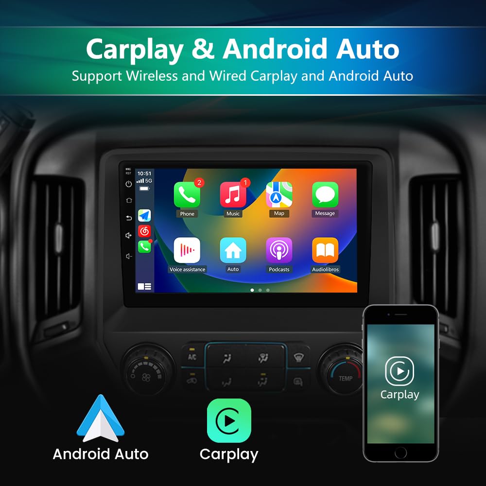 Android 12 Car Radio Stereo for Chevy Silverado GMC Sierra 2014-2018 with 10 inch Touchscreen Supports Wireless Carplay and Android Auto