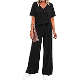 BTFBM 2 Piece Sets for Women Summer V Neck Short Sleeve Lounge Set Wide Leg Pants Matching Set Airport Travel Outfits