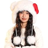 Winter Cute Faux Fur Trapper Hat for Women Cartoon Animal Ear Sherpa Beanie Hat Furry Cover with Pom Earflap Gifts
