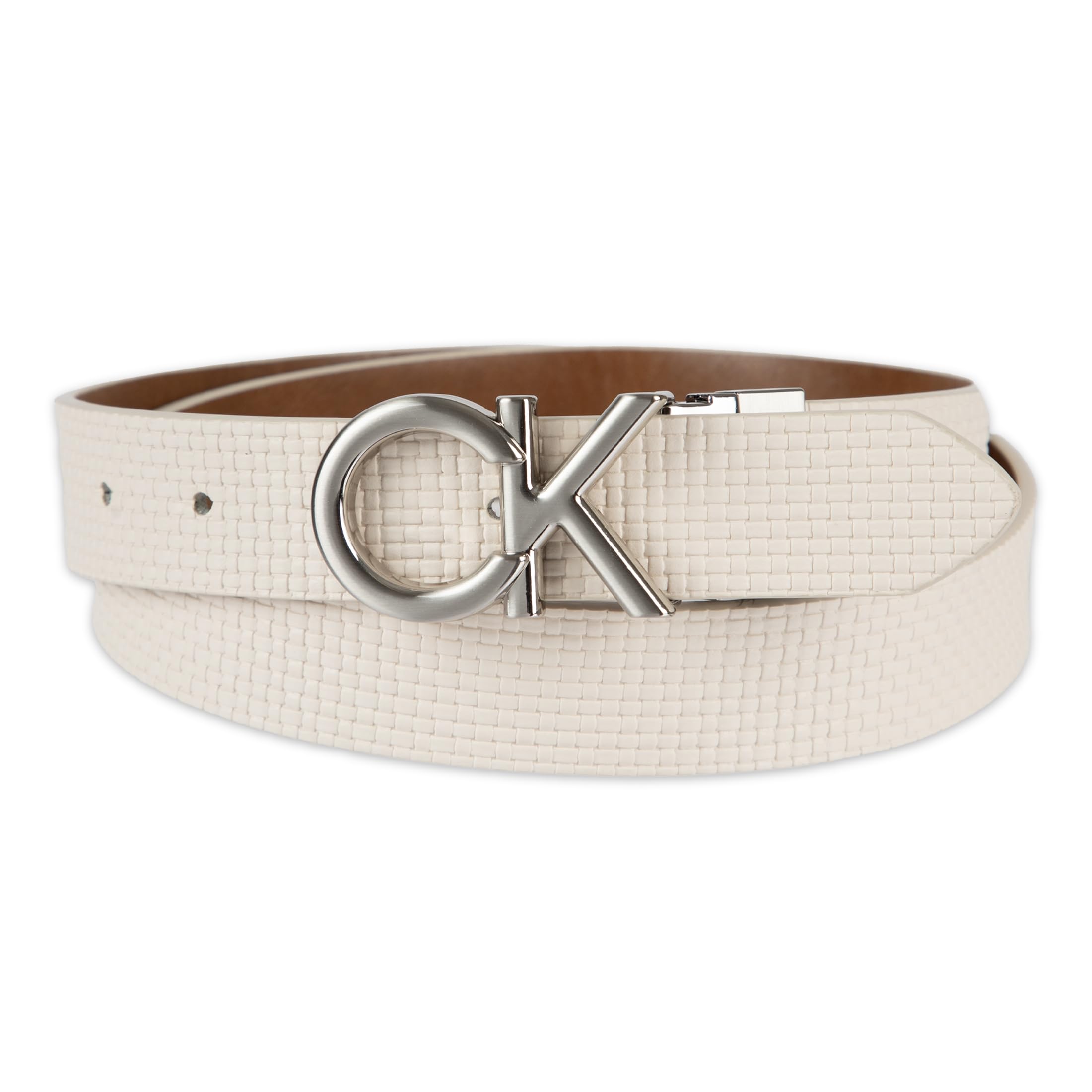 Calvin Klein Women's Puffed CK Logo Reversible Dress Belt, Bone/Tan, Large Image