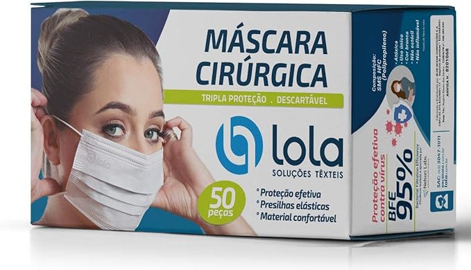 Máscara cirúrgica tripla descartável c/ 50 unidades Lola