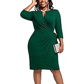 Younrui Plus Size Faux Wrap Bodycon Dress for Curvy Women Keyhole 3/4 Sleeve Sexy Cocktail Midi Wedding Guest Dresses