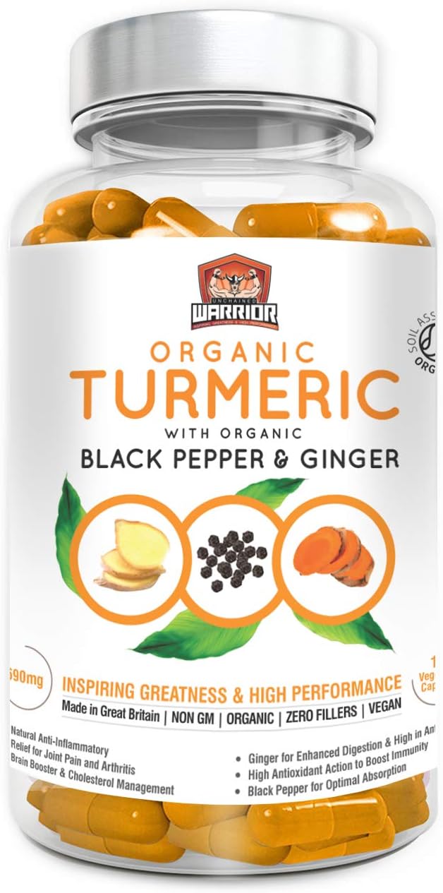 Organic Turmeric Curcumin Capsules with Black Pepper and Ginger for Enhanced Absorption 120 Veg. Capsules by Unchained Warrior® UK | 2070 mg Per Serving | High Strength | Soil Association Certified