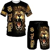 prigridche Wolf & Lion 3D Printed Casual Short Sleeve Crew Neck Suit for Men 2 Piece Shorts Tracksuit