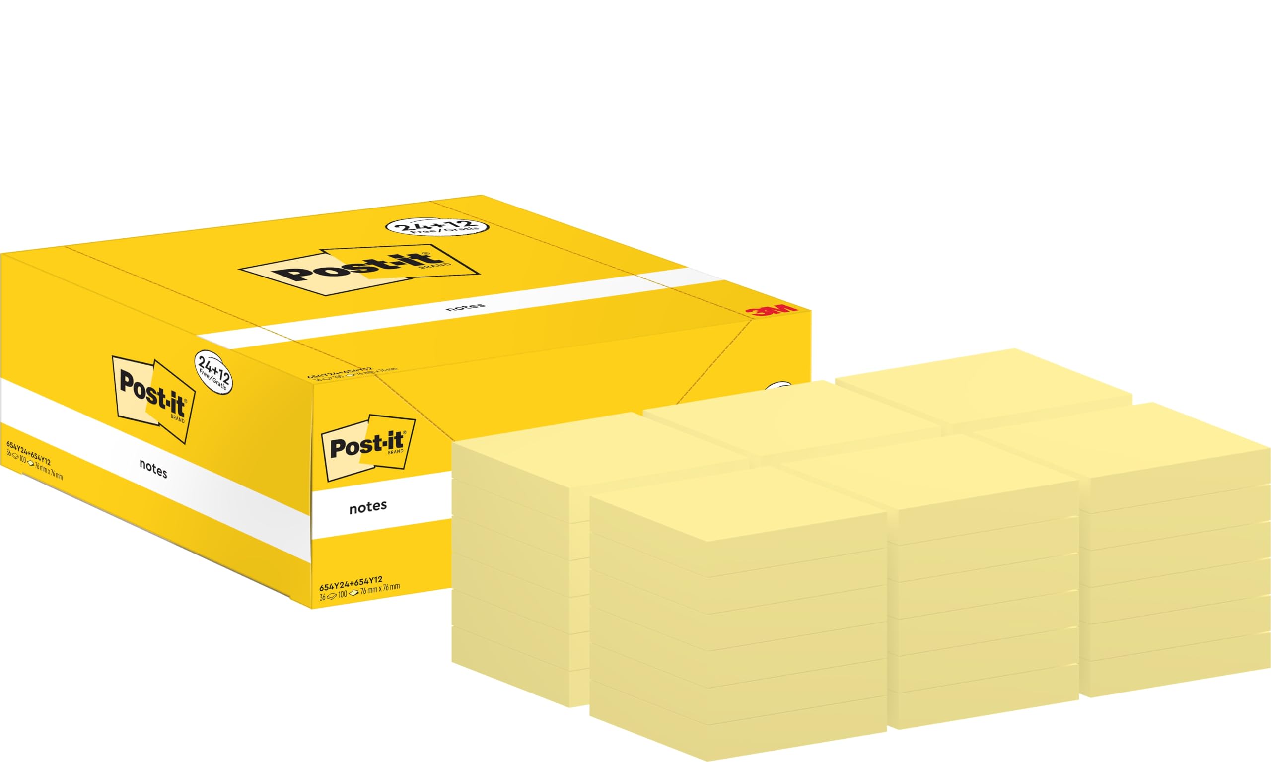 Post-it Notes Canary Yellow, Value Pack of 24 + 12 Free Pads, 100 Sheets per Pad, 76 mm x 76 mm, Yellow Color - Self-Stick Notes for Note Taking, to Do Lists & Reminders