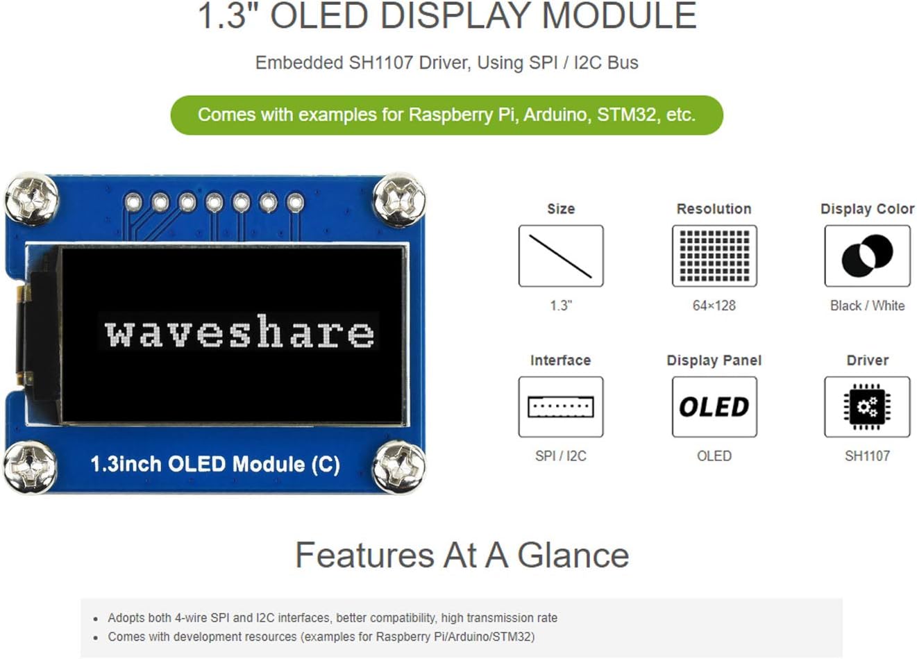Waveshare 1.3inch OLED Display Module Black/White Display Color 64×128 Resolution Embedded SH1107 Driver with SPI / I2C Interface - Image 4