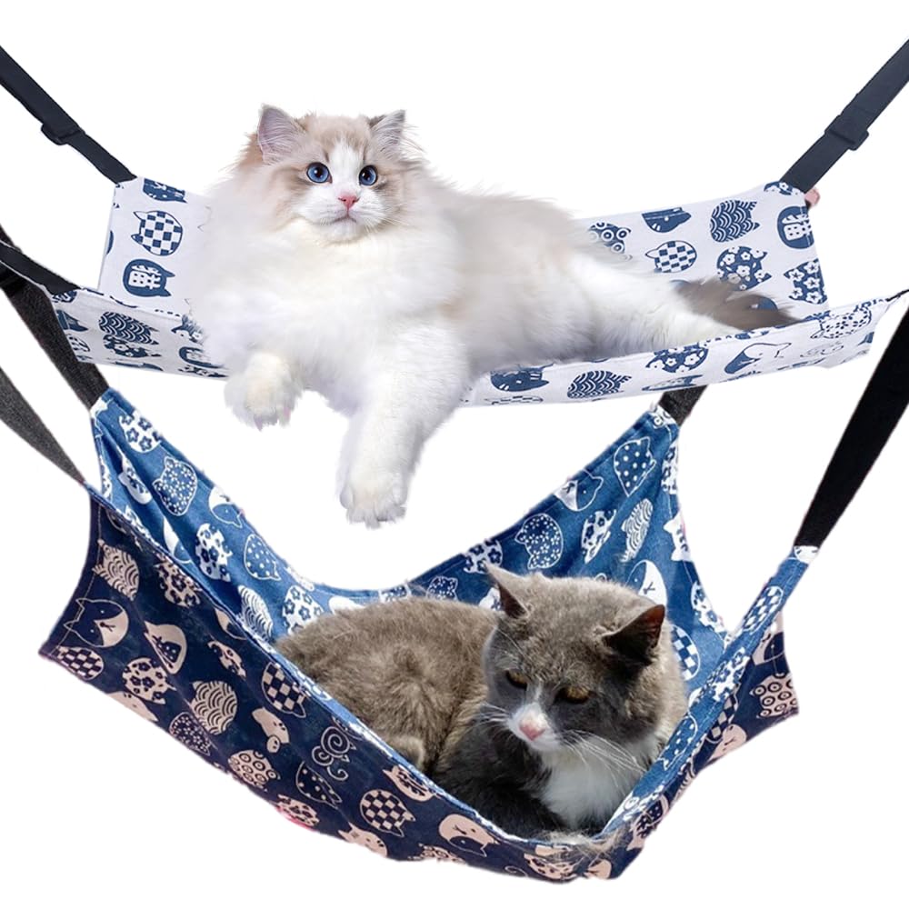 2PCS Cat Hanging Hammock,Double-Sided Canvas Reversible Pet Cage Hammock with Adjustable Strap & Sainless Steel Hooks for Small Dogs Cats Rabbits,Sleeping and Resting Playing
