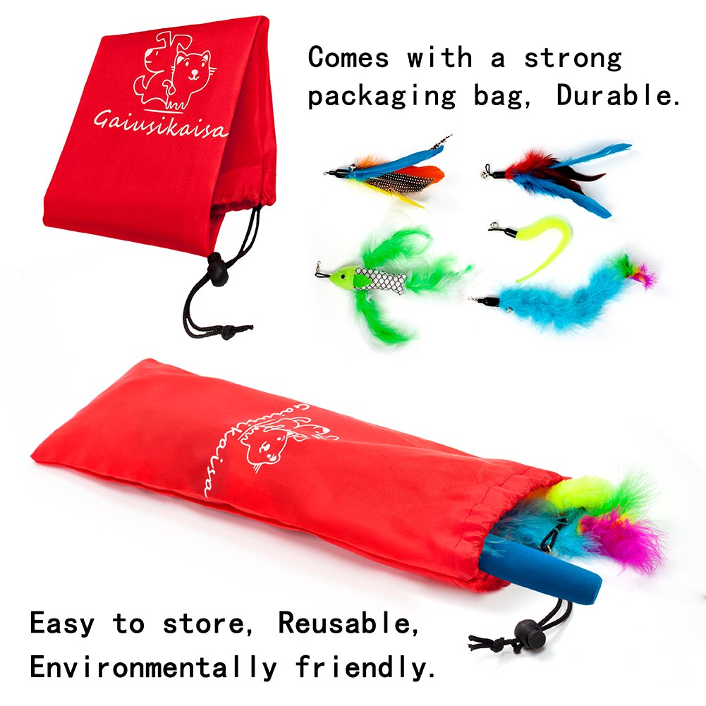 Cat Wand, Interactive Cat Toys Retractable Wand, Cat Feather Toy, Kitten Toys, 1 PCS Yellow Caterpillar Toy, 4 PCS Replacement Natural Feathers Toys, 1 PCS Carbon Fiber Telescopic Cat Teaser Wand