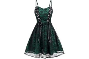 SHOPESSA Women's Sleeveless Punk Dress Camisole Skull Print Lace Swing Dress Halloween Spaghetti Strap Steampunk Dress Goth Clothes